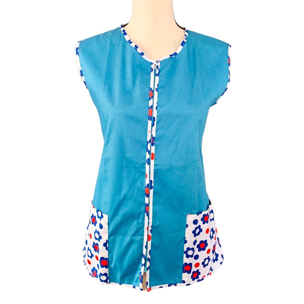 Vintage 60s 70s Floral Flower Power Full Zip Smock Apron Top Size Large